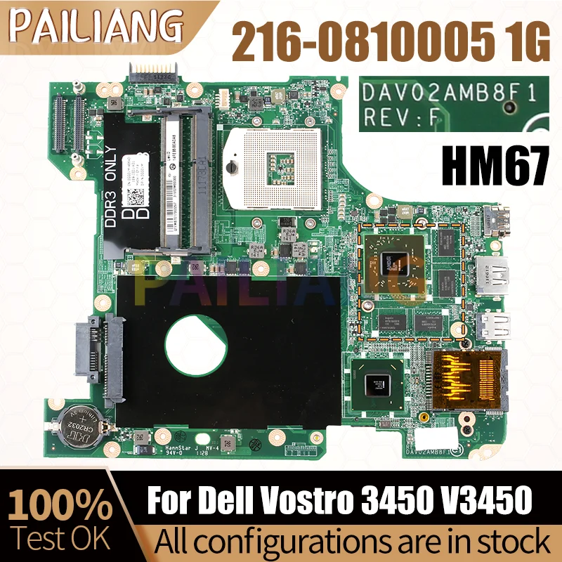 DAV02AMB8F1 For Dell Vostro 3450 V3450 Notebook Mainboard 0GG0VM HM67 216-0810005 1G Laptop Motherboard Full Tested