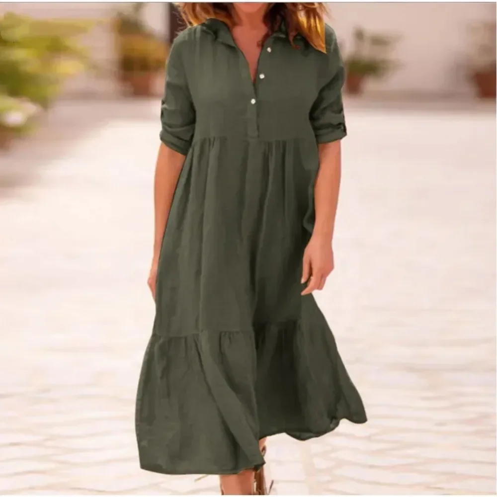 Spring/Summer Women\'s s-5XL Plus Size Elegant Loose Cotton Dress with Flip Collar Twist Button Half Sleeve Solid Color Casual