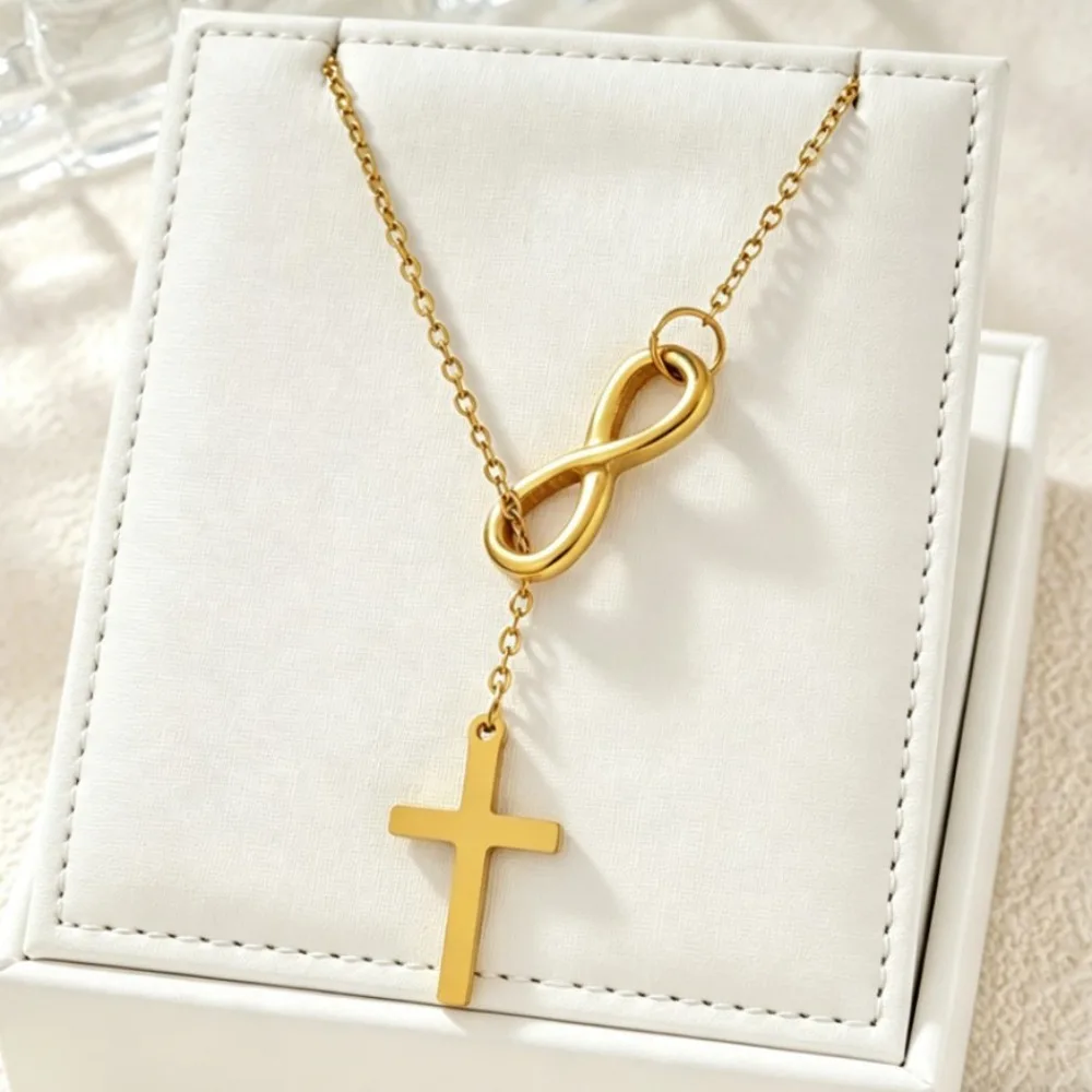 Fashion Minimalist Hypoallergenic Stainless Steel Infinity Möbius Loop Cross Pendant Y-Necklace for Women No Fading Jewelry Gift