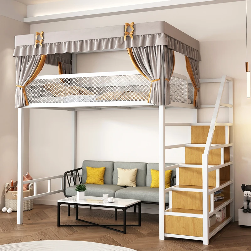 Duplex second floor bed attic modern minimalist double layer iron frame children's semi elevated bed, low top bunk bed