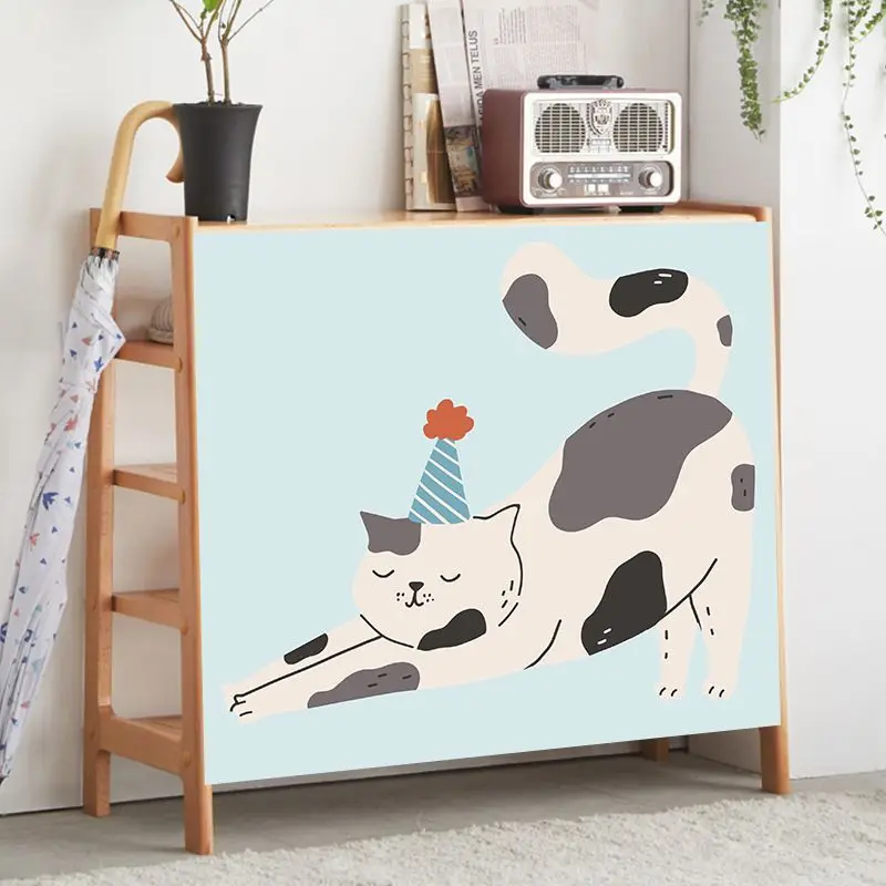VIKAMA Cartoon Cat Cabinet Curtain Set Party Cat Sleeping Basket Lazy Cat Closet Cover For Bedroom Kitchen Living Room Decor