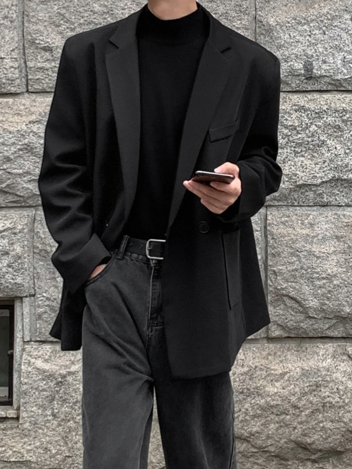 

Мужской повседневный пиджак с подплечниками, модный свободный крой, осенняя верхняя одежда из полиэстера, с длинными рукавами