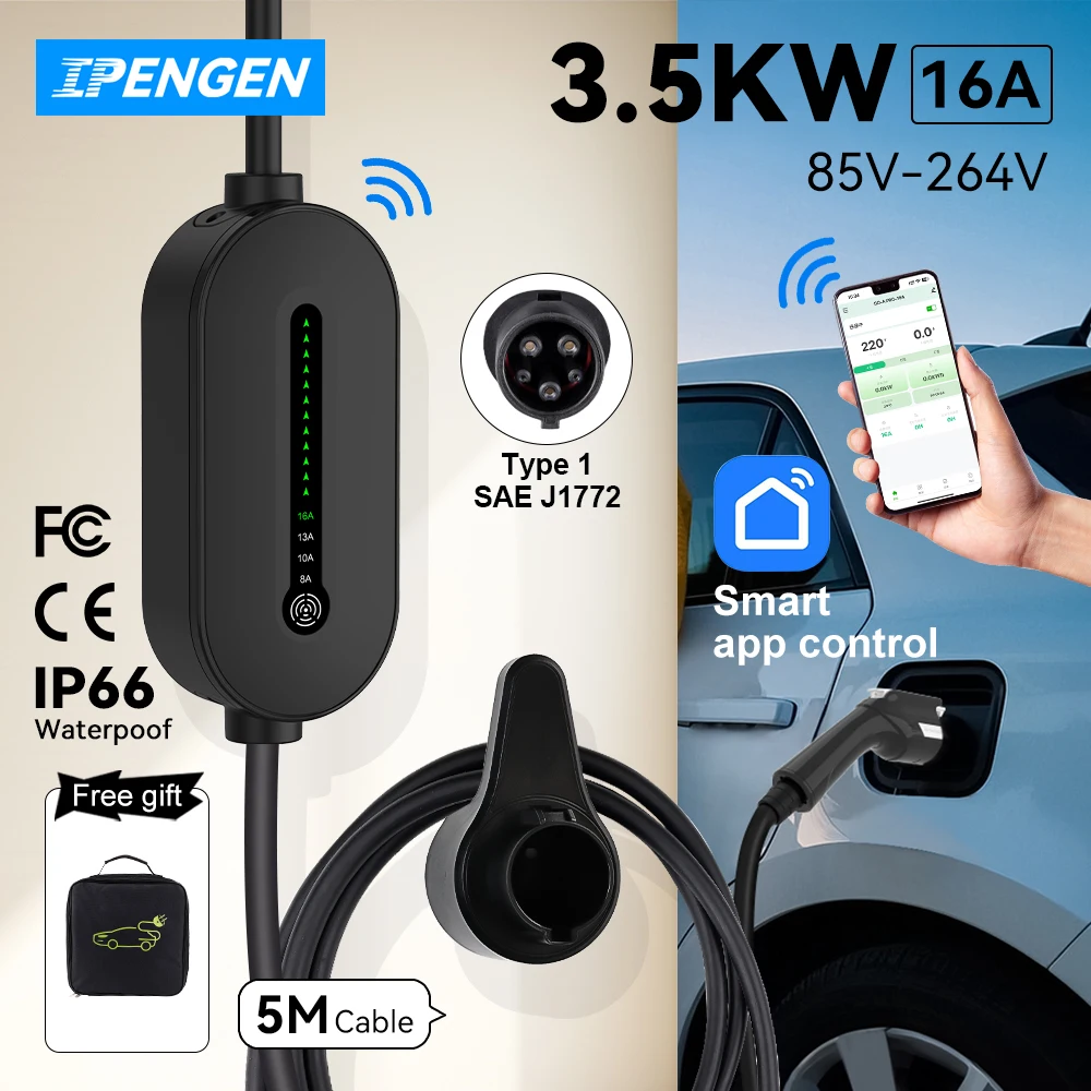 

IPENGEN Type1 EV Charger WIFI APP Control 16A 3.5KW 5M Cable Portable Charging Box Set Charging&DelayTime for EV Cars
