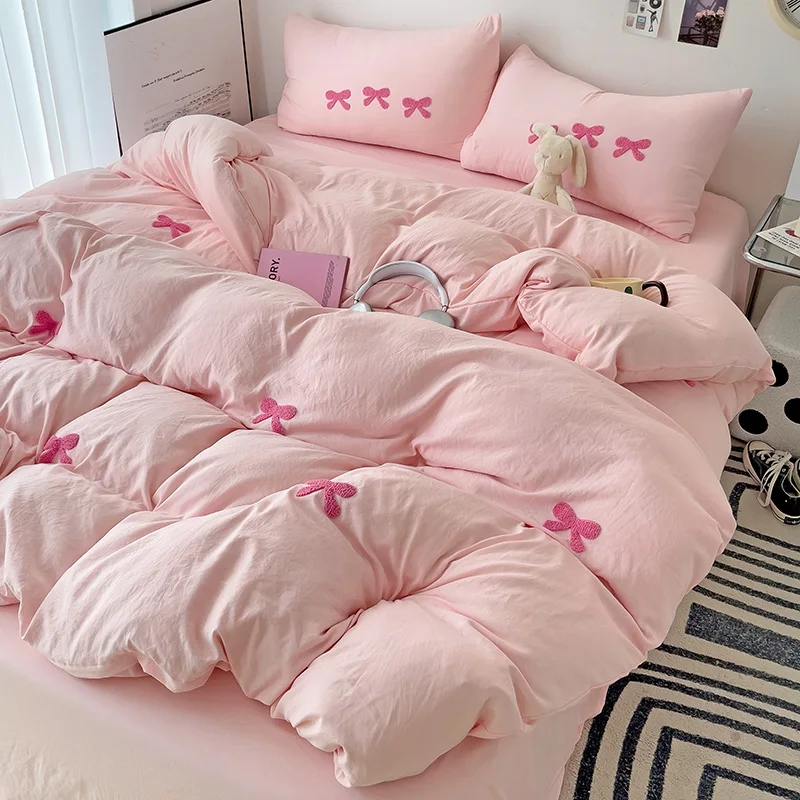 Girly Bow-knot Duvet Cover Set Pink Polyester Comforter Cover Soft Quilt Cover Girls Bedroom Decor Bedding Set with 2 Pillowcase