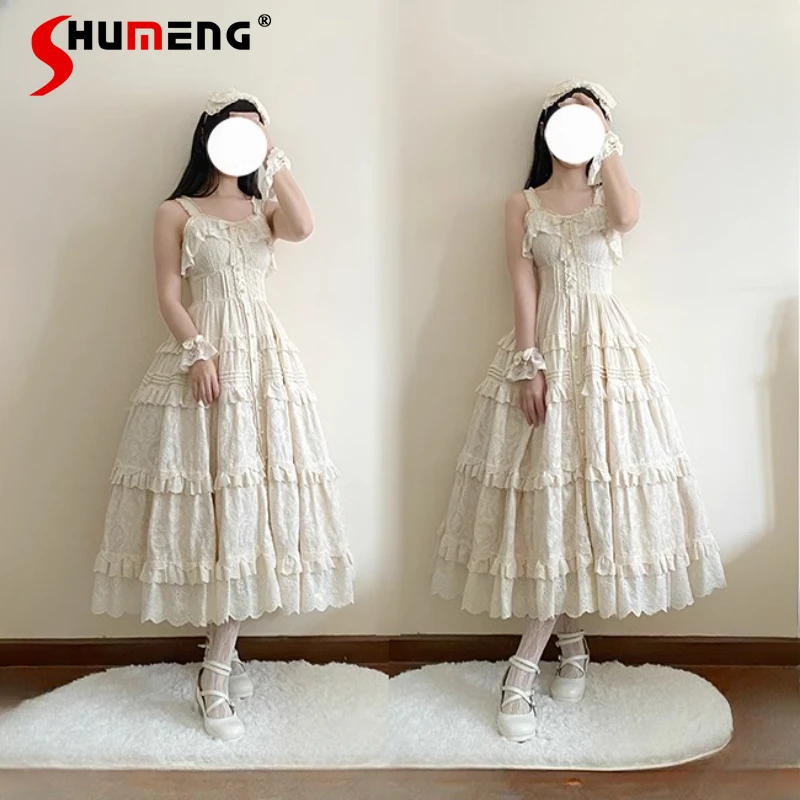 

2024 Summer New Japanese Rojita Style JSK Vestidos De Mujer Full Embroidered Lolita Apricot Doll Collar Dress Women's Clothing