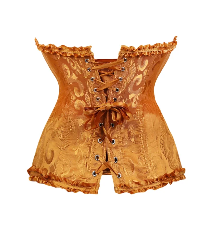 Damen-Overbust-Korsett, Vintage-Jacquard, Rüschen, Schleife vorne, Busk hinten, Schnürung, Taillenformer, Freizeit-, Party- und Alltagskleidung – Detail 17