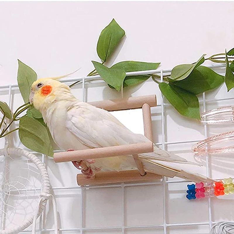 Bird Mirror Wooden Interactive Play Toy With Perch For Small Parrot Budgies Parakeet Cockatiel Conure Lovebird Cage Accessories