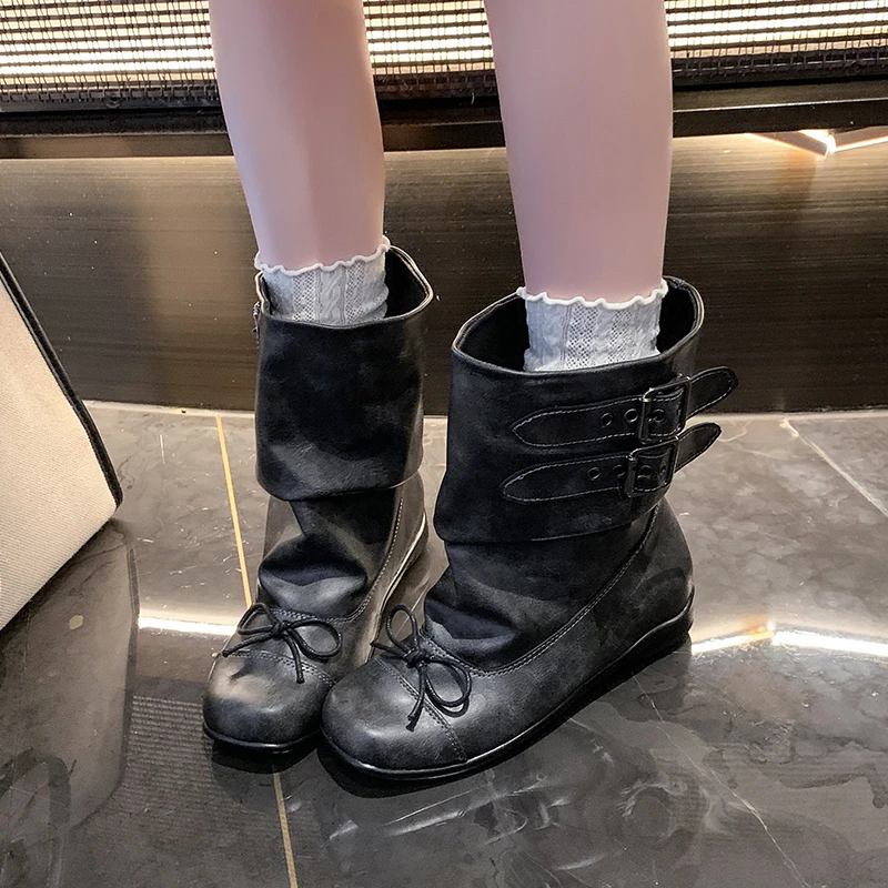 Pleated Pile Boots Women's Autumn New Round Toe Lace-up Niche Inner Heightened Short Boots
