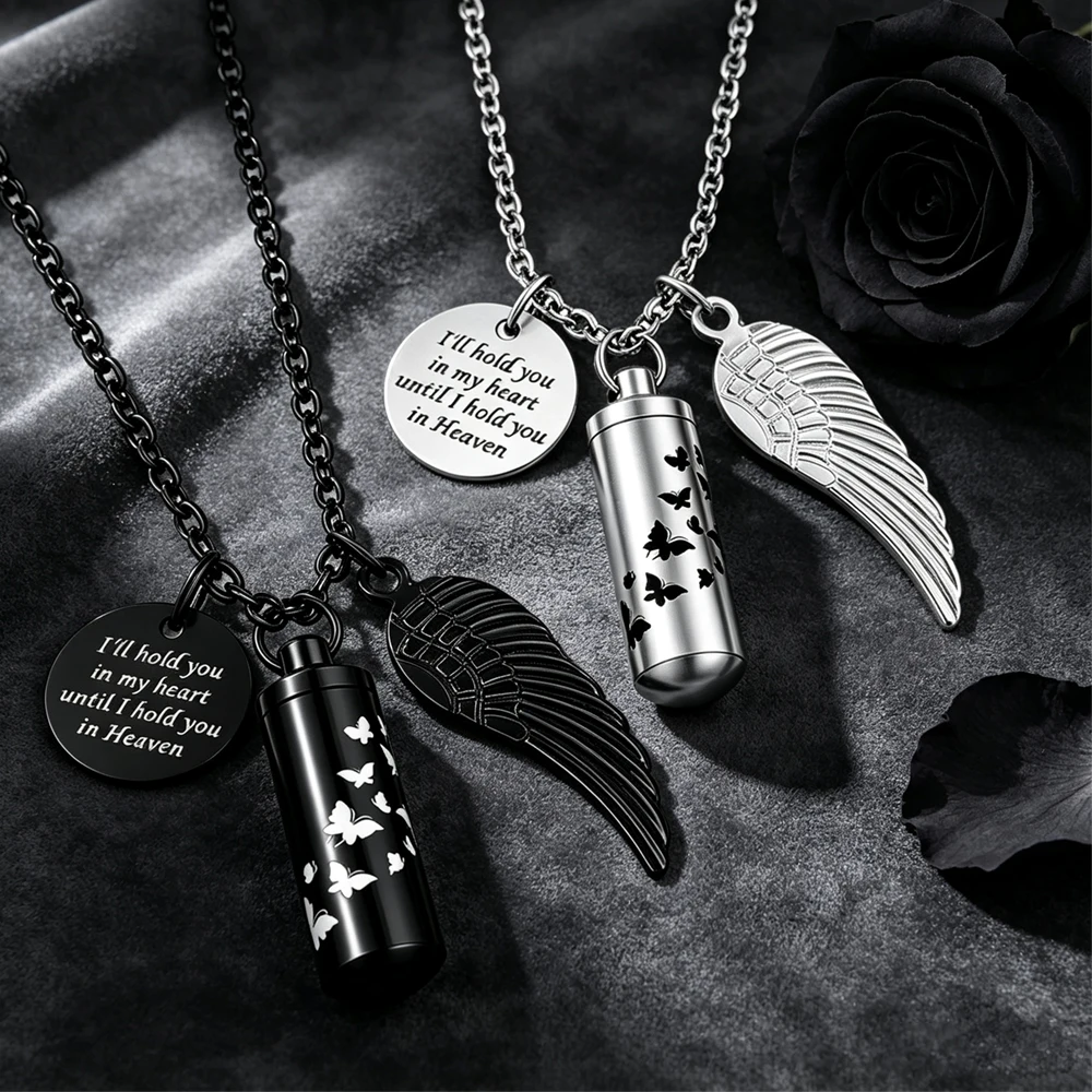 Butterfly Cremation Necklace For Ashes Of Loved Ones Pet Stainless Steel Cylinder Memorial Urn Jewelry With Angel Wing Keepsake