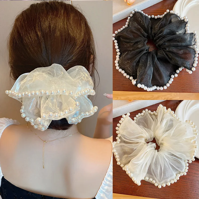 

Korean Fashion Fluffy Organza Large Hair Scrunchies Fairy Pearl Mesh Ponytail Holder Rope for Woman Girls Hair Accessories