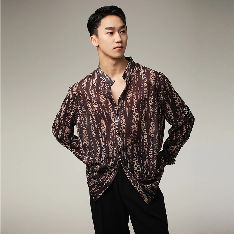 Robe de pratique latine personnalisée pour hommes, vêtements de Performance, édition ample, imprimé panthère jaune, col montant, petit haut à manches longues