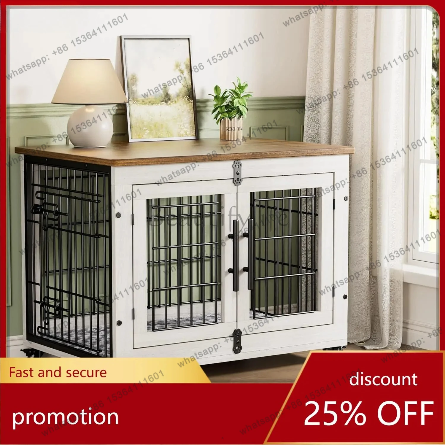 Steel and Wood Combined Pet Cage Multi-functional Movable Pet Dog House