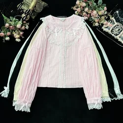 Jirai Kei Lolita Shirt Sweet Japanese Woman Top 2024 Spring and Autumn New Cute Girl Doll Neck Long Sleeve Bow Cotton Blouses