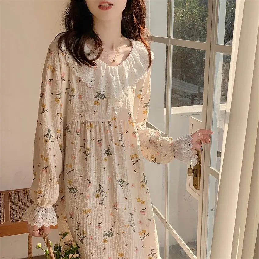 Floral Women Nightgown Korean Style Sleepwear Long Sleeve One Piece Pajamas Autumn Lace Night Dress Home Sleeping Wears New In