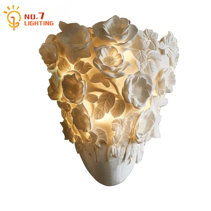 

French Design Romantic Carved Flower Wall Lamp LED Atmosphere Resin Wall Sconces Living Room Bedroom Background Hotel Aisle Cafe