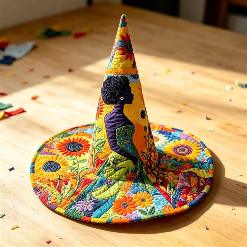 Quilted Witch Hat, Pointed Wizard Hat Wide Brim Party Costume Accessory Lightweight Polyester Festival Cosplay Hat