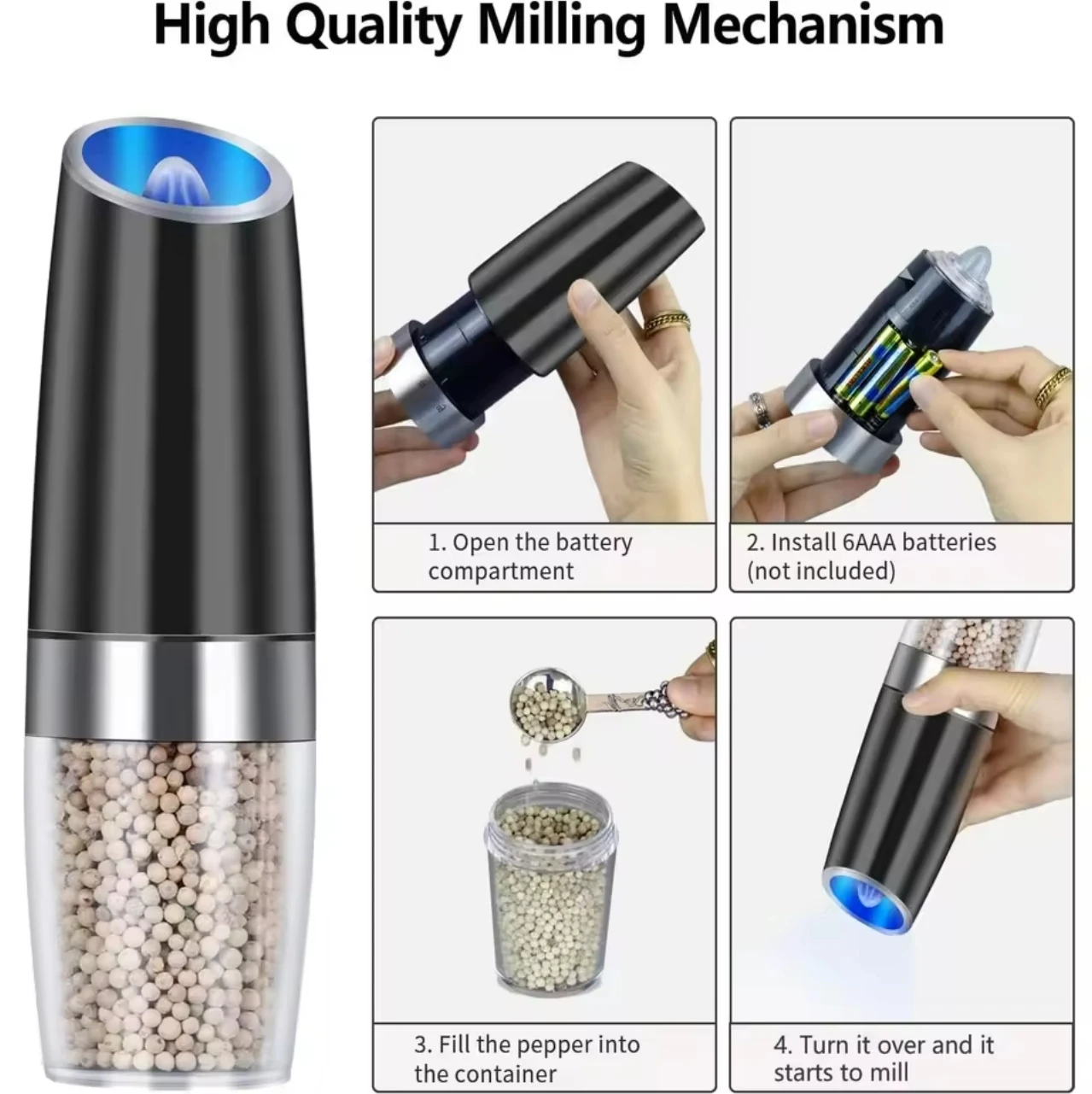 Electric Salt and Pepper Grinder Set USB Rechargeable Adjustable Coarseness Large Capacity Vanilla Coffee Auto Grinders LED Ligh