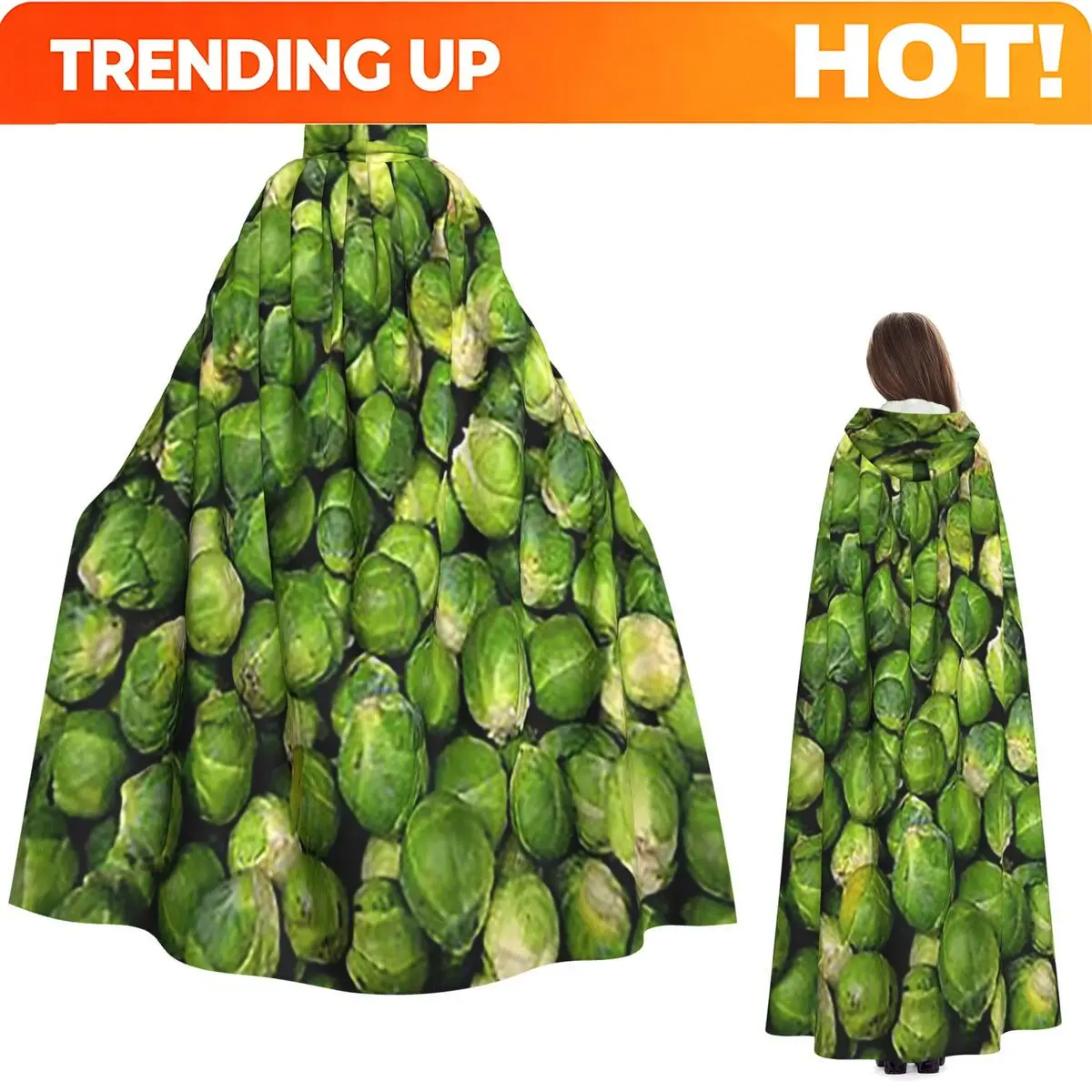 Customization Brussels Sprouts Novelty Long Hooded Cloak Witch Medieval Costume Cosplay Cape HalloweenVampire Adult Unisex