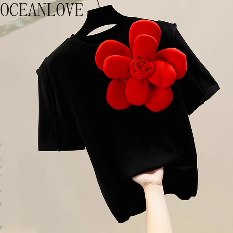 OCEANLOVE 3D Flower T Shirt for Women Contrast Color Vintage Spring Summer Ropa De Mujer Korean Fashion Sweet Camisetas