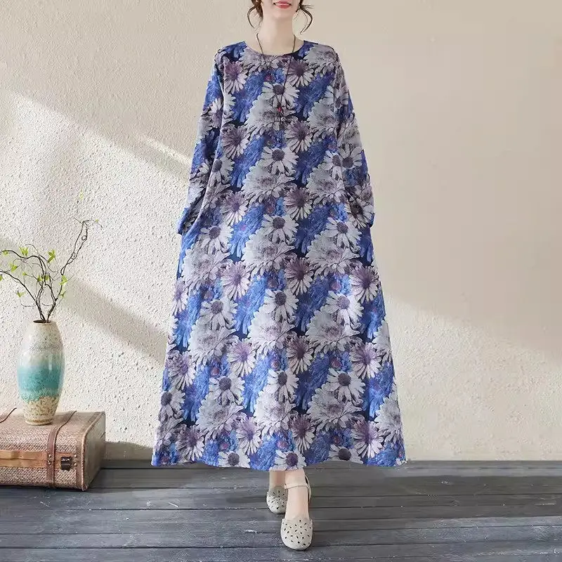 

Women's Casual Clothing 2024 Spring Cotton And Linen Printed Dress Round Neck Loose Oversized Long Sleeved Travel Dress Z4781