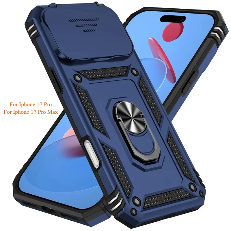 Ring Stand Rotating Slide Camera Lens Military Grade Armor Case for iPhone 17 16 E 14 13 12 11 15 Pro Max Plus Mini Cover