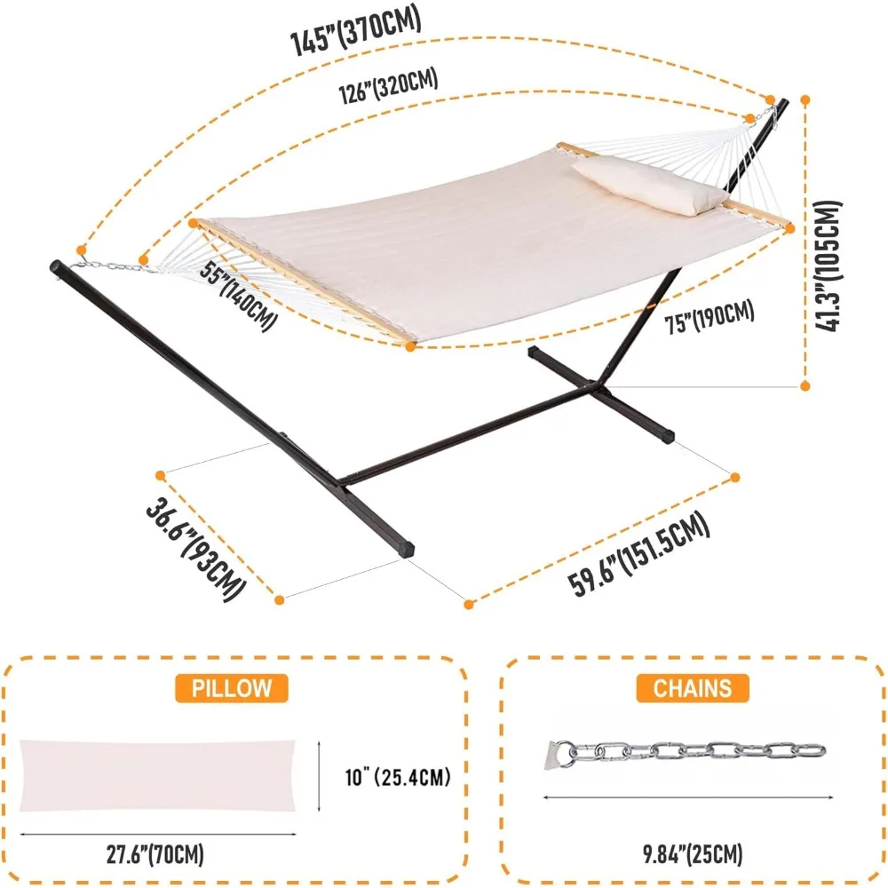 Hamaca de tela acolchada con soporte de 12 pies, hamaca doble para 2 personas con almohada para patio exterior, jardín, patio trasero