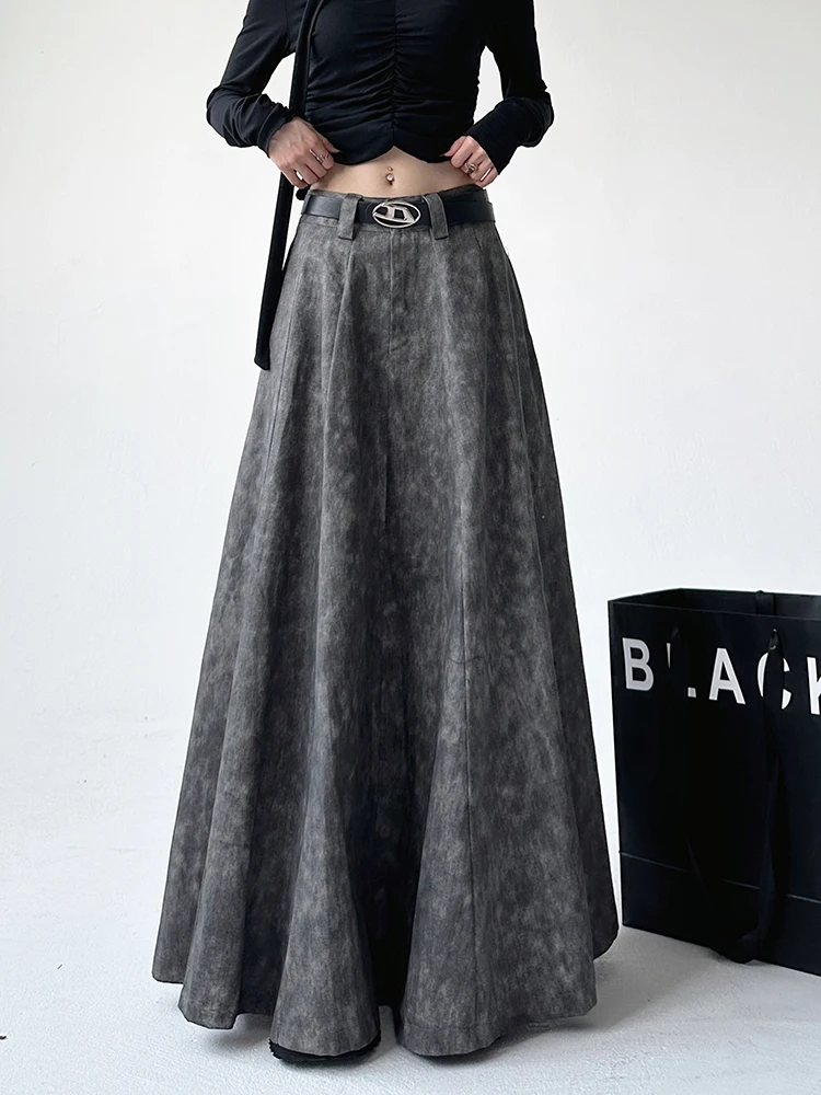 Women's Grey Long Skirt Vintage 90s Aesthetic Tie-Dyed Skirt Harajuku Y2k High Waist A-line Skirts 2000s Fashion Clothes Autumn