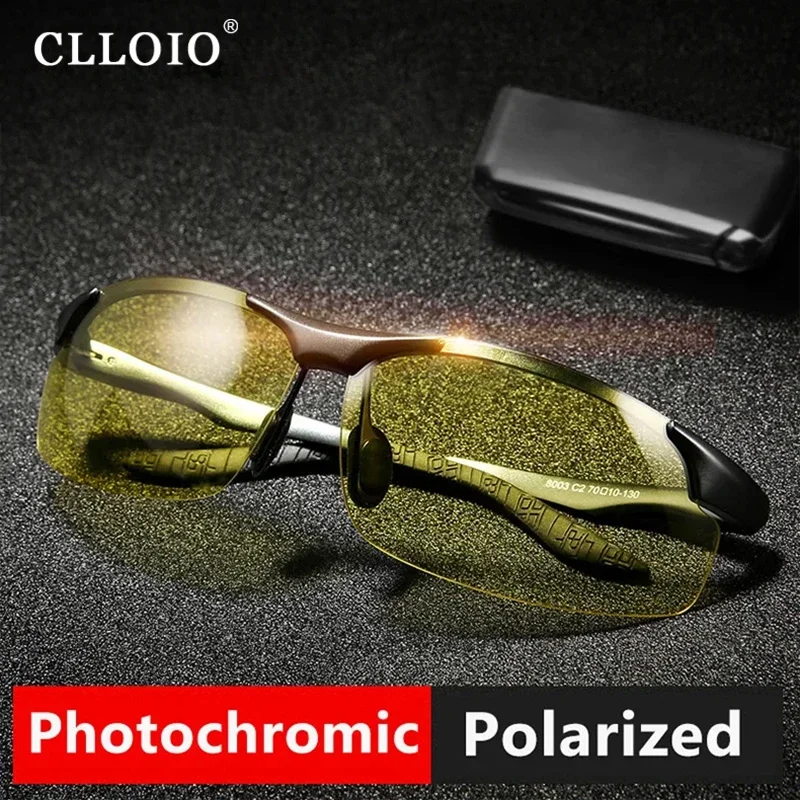 CLLOIO Aluminium Rimless Photochromic Day Night Vision Anti-Glare Glasses Men Polarized Driving Sunglasses Travel Fishing Goggle