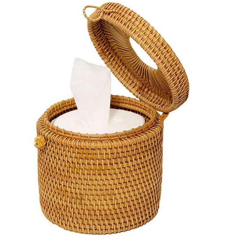 A23E-2Pcs Rattan Tissue Box Toilet Paper Cover Wicker Decorative Holders With Lid For Storage Single Roll And Tissues