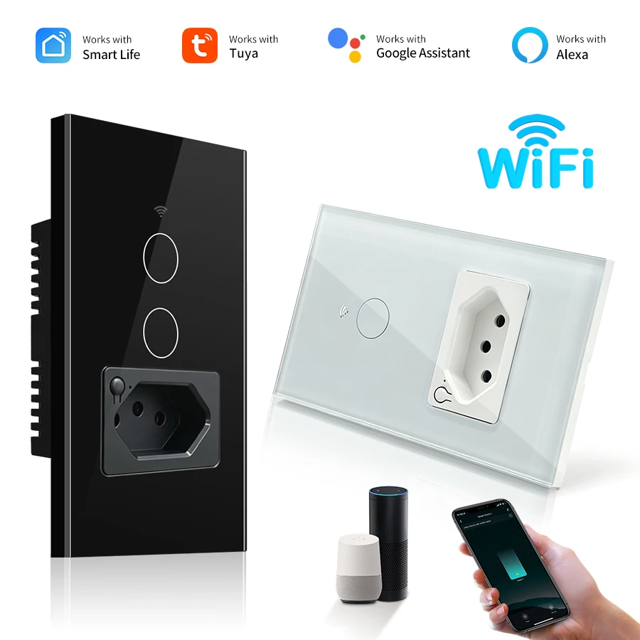 Smart WiFi Switch with Brazil Socket Tuya/Smart Life App Control Touch 1/2Gang Wall Switch Alexa Google Assistant Voice Control