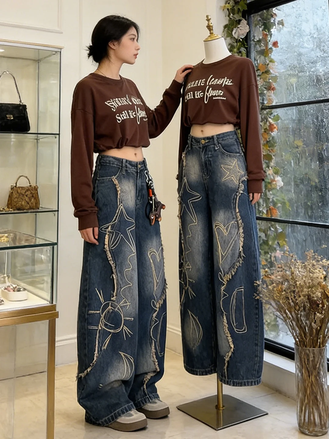 

Retro Oversized Embroidered Frayed Workwear Denim Jeans Women's Spring New Loose Slim Wide Leg Pants High Waist Trousers