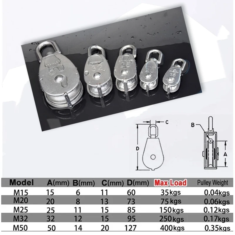 Stainless Steel Pulley M15/M20/M25/M32/M50 Single Wheel Rotary Lifting Rope Block Tool Marine Hauling Pulley