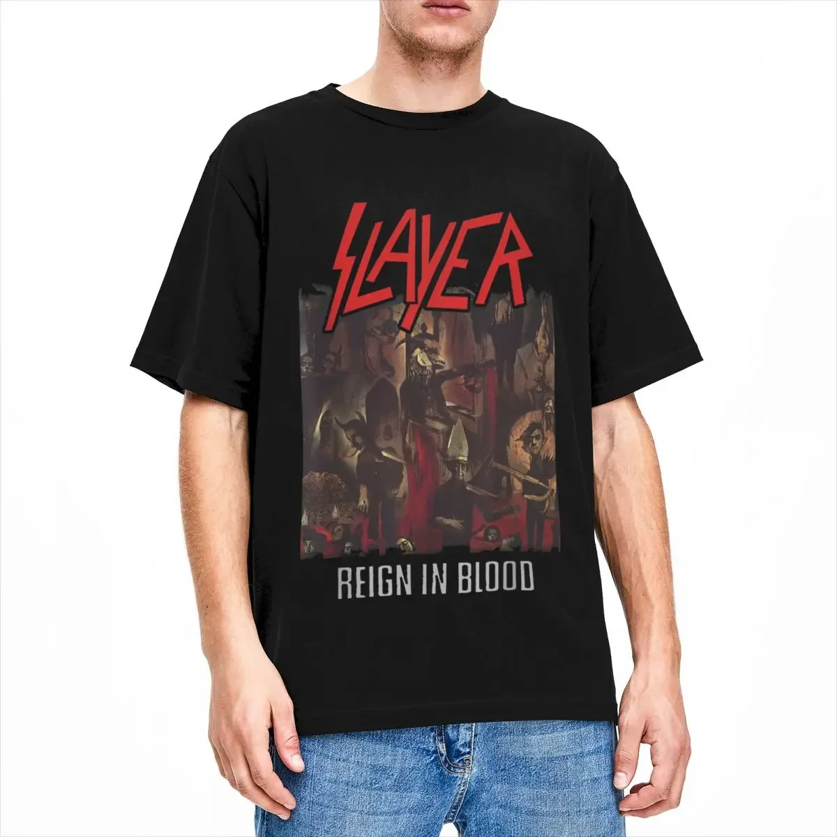 Men Slayers Band Reign In Blood T Shirt 100% Cotton Tops Novelty Short Sleeve O Neck Tee Shirt Birthday Present T-Shirt