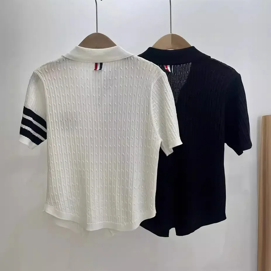 Polo T-Shirt   for Women  Spring Knit Pullovers Short Sleeves Thin Crop Tops White Color  Pyuppy  Dog Embroidery Jumper