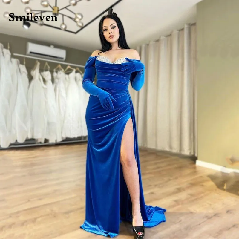 

Smileven Royal Blue Mermaid Evening Dresses Velvet Long Sleeve Saudi Arabic Prom Dress Side Split Formal Occasion Dresses