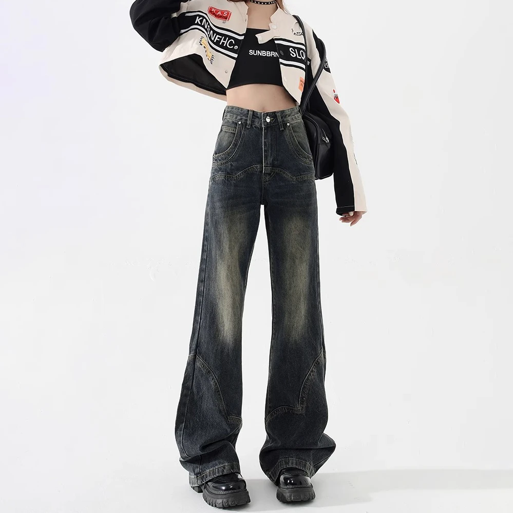 

American retro cement grey wide-legged jeans female spring new high-waisted thin loose not stick leg straight trousers