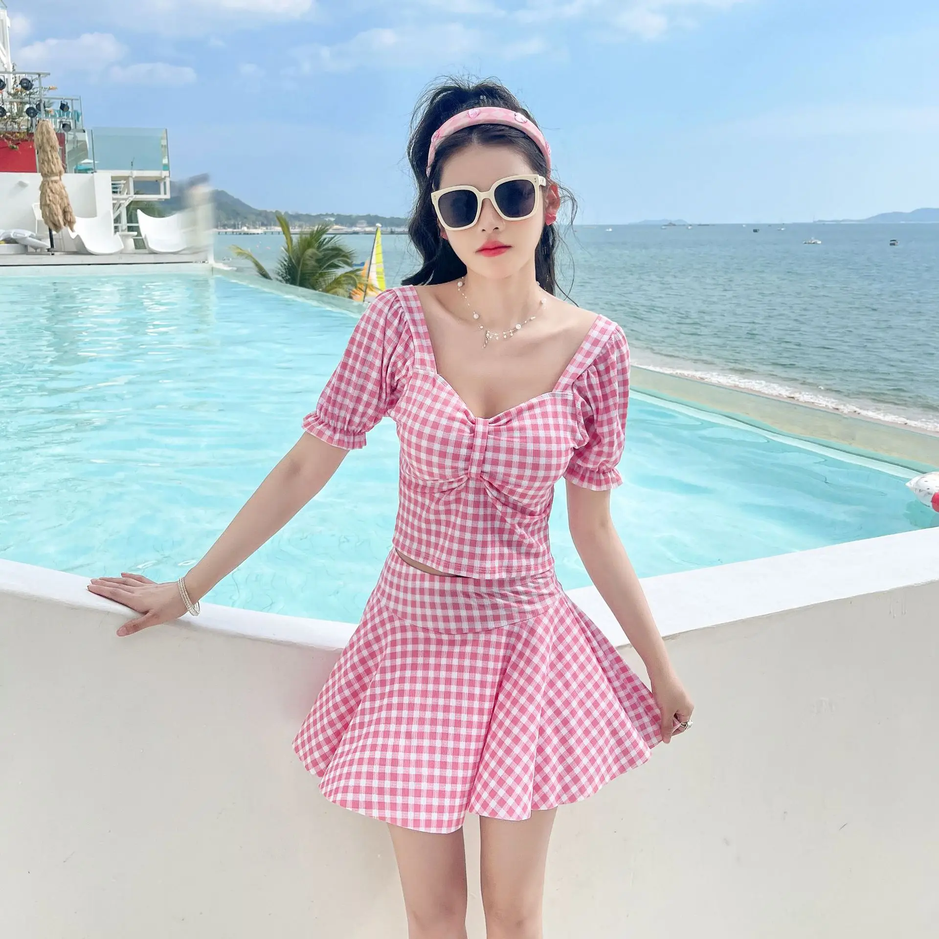 New Women's Plaid Swimsuit Wholesale Split Temperament Sexy Conservative Slim Fit Gathering Swimwear