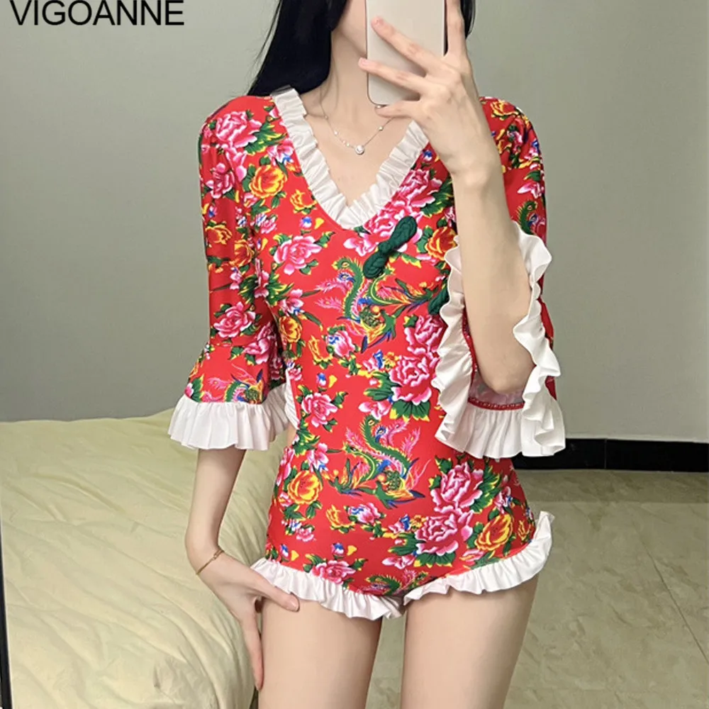 VigoAnne Print Long Sleeve Swimwear Women 2024 Push UP One Piece Swimsuit Korean Closed Monokini Backless Verge Bathing Suit