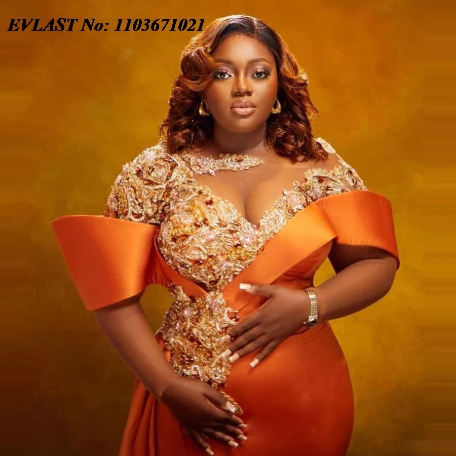 EVLAST Customized Nigerian Prom Dress Orange Beaded Appliques Aso Ebi Evening Gowns African Wedding Formal Dress Event Wear P139