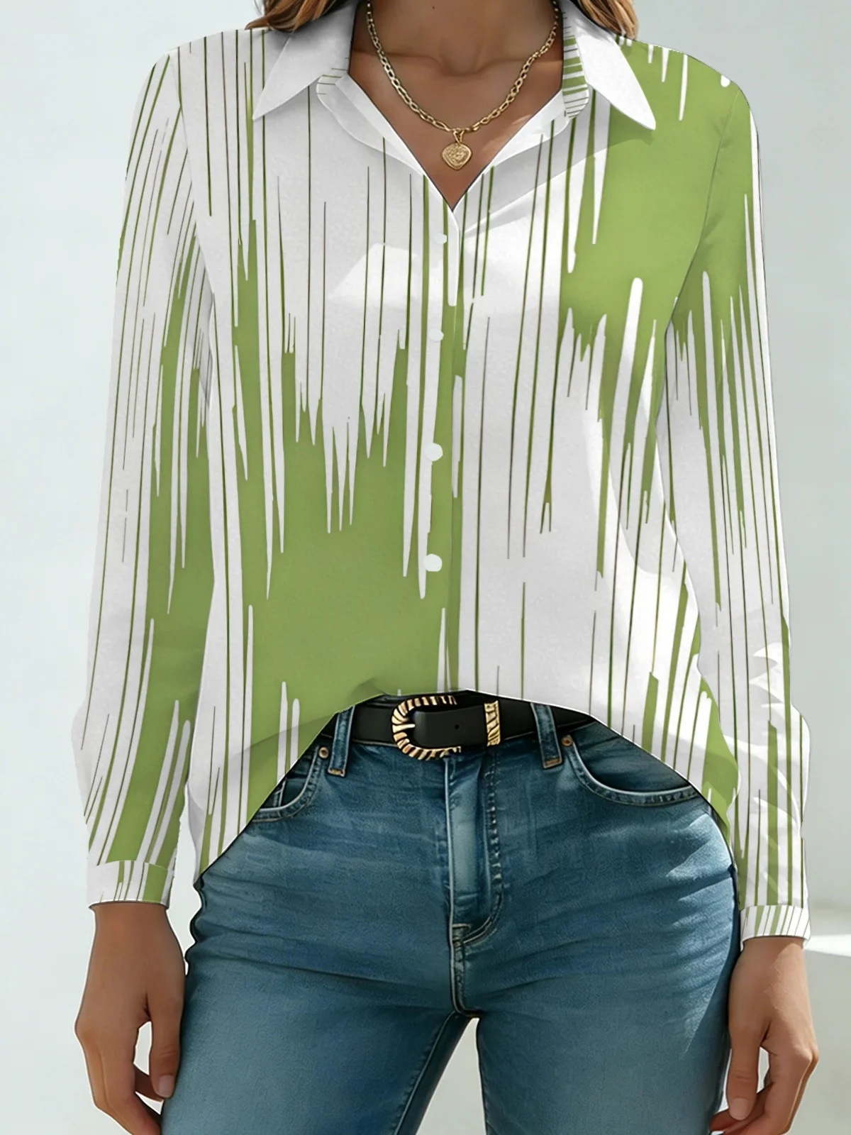 Nature Fresh Abstract Line Women Long Sleeve Shirt Two-tone White Light Green Gradient Vertical Splash Streak Lapel Button Down