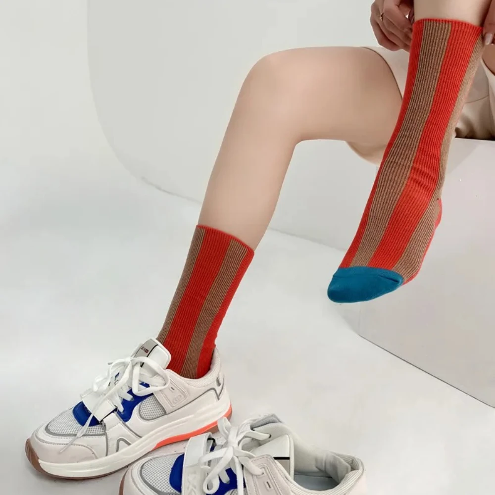 Unisex For Men Woman Line Color Matching Vertical Stripes Mid Tube Socks Double Needle Double Road Design Cotton Sports Socks