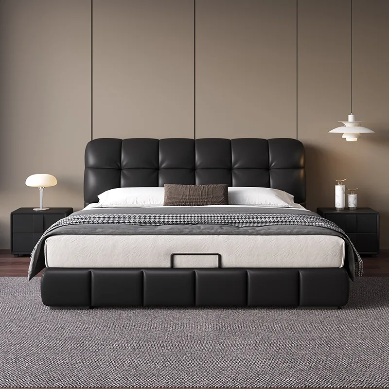 Leren bed, Italiaans, zacht, zwart, soezen, hoofdslaapkamer, tweepersoonsbed, modern, high-end