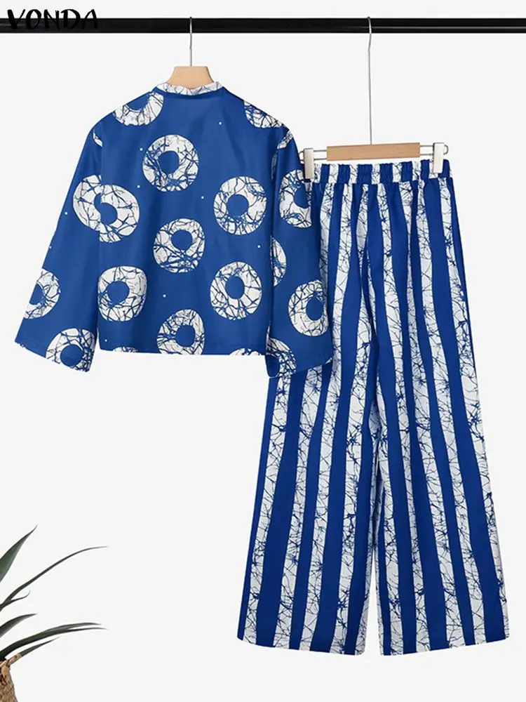 VONDA Plus Size Pant Set Donna 2 pezzi Abiti Autunno Manica 3/4 Moda Bohemian Camicie Pantaloni a gamba larga Stampa vintage 2 pezzi 5XL