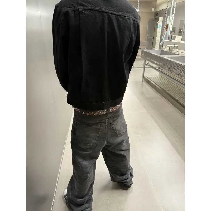 American Street Pleated Aircraft Buckle Design Sense Original Cow Short Jacket Men's Tooling Vintage Denim Jacket
