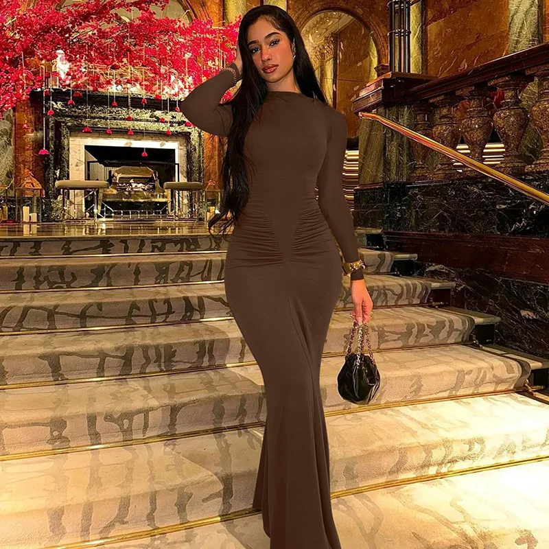 Gaun wanita elegan mode gaun panjang Bodycon Maxi pinggang lipat Cinched tanpa lengan Solid sederhana gaun Bodycon seksi gaun Vestidos