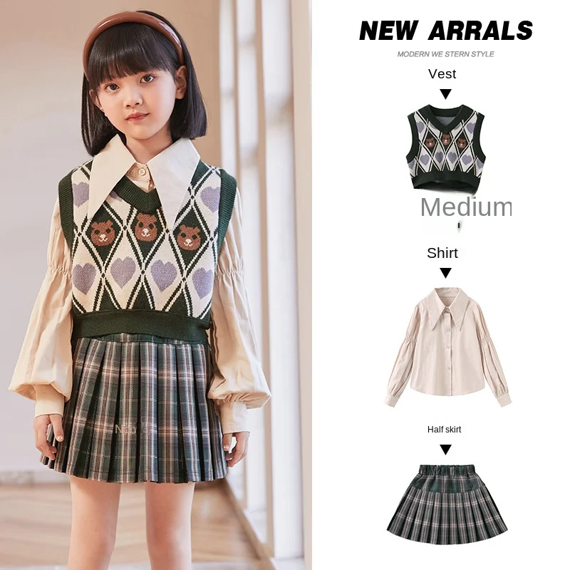 Korean Children's Clothing Spring and Autumn Girls' Shirt Waistcoat Pleated Skirt Three Piece Westernized Girls' Suit Skirt