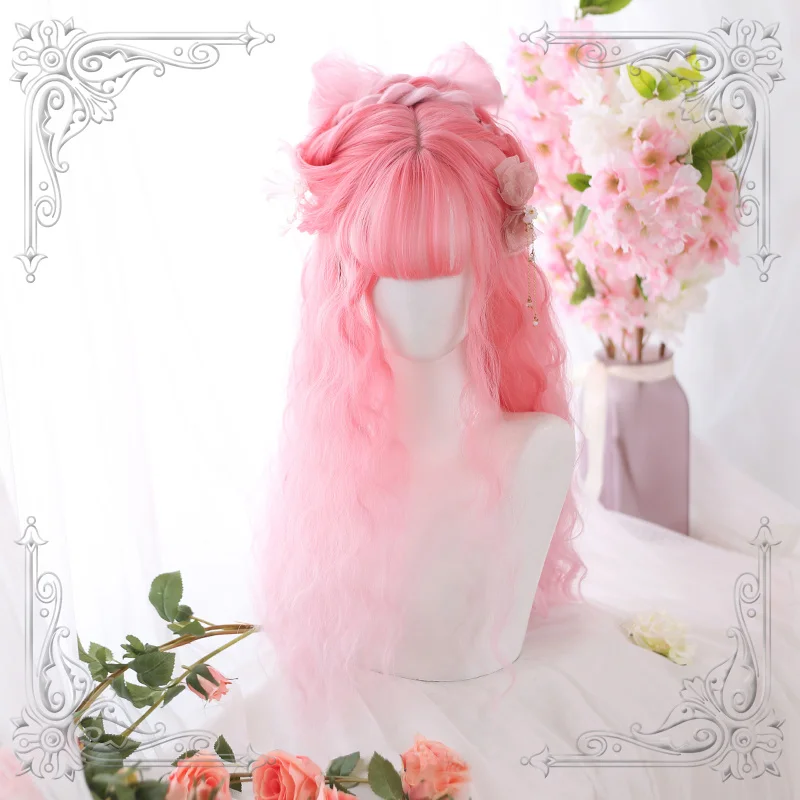 High Quality Lolita Sakura Pink Daily Girl Sheep Curly Long Hair Light Air Bangs Wig Cosplay Party