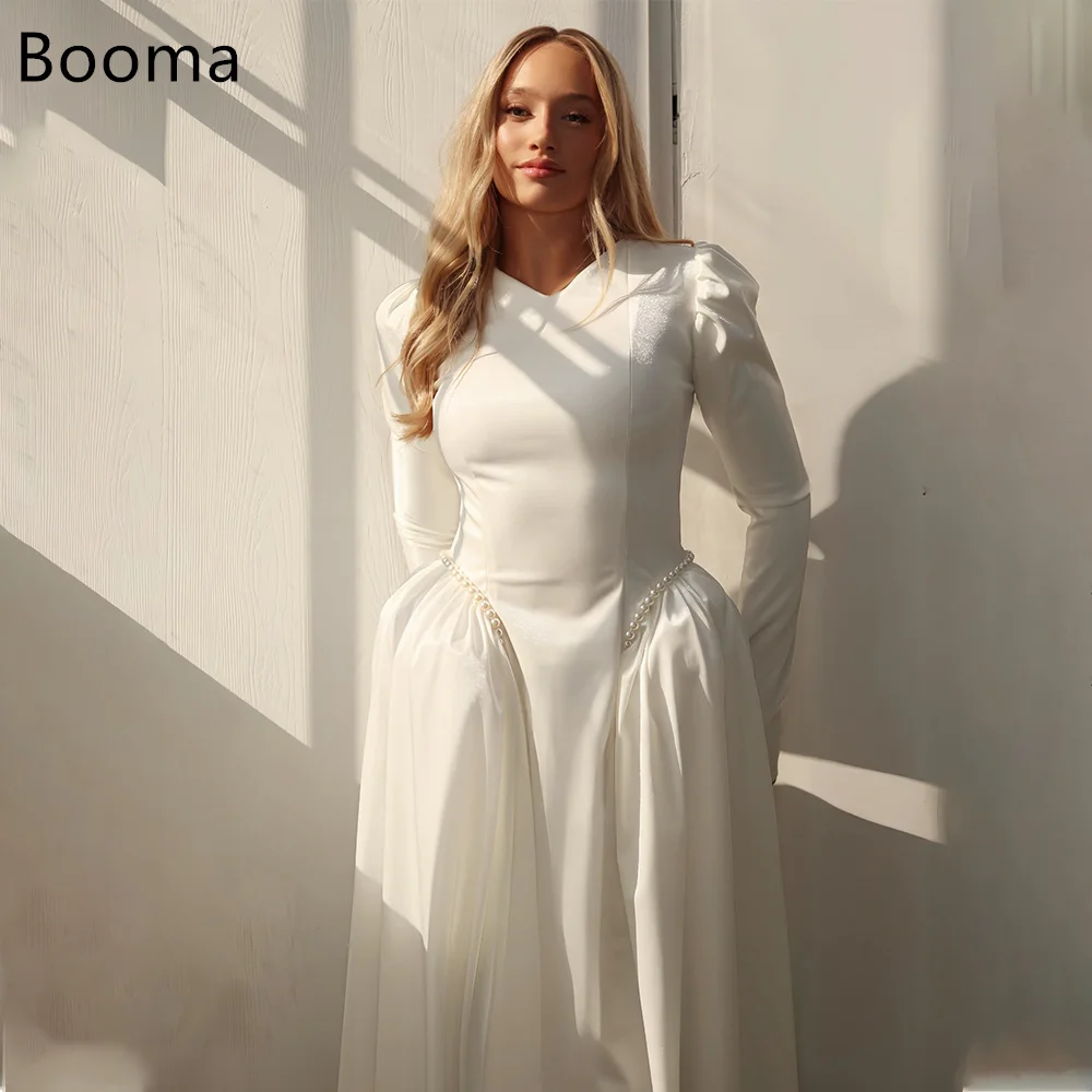 

Booma A-Line Elegant V-Neck Pearls Wedding Dresses Simple Long Sleeve Satin Brides Gown Custom Made 2025
