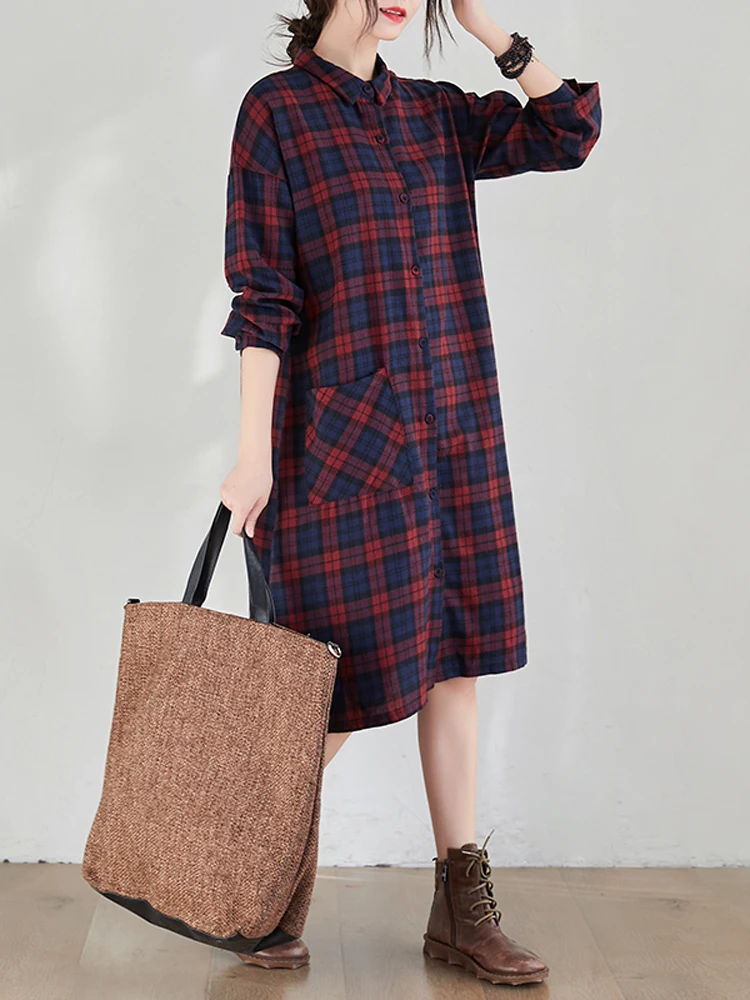 NYFS 2024 Spring Autumn New Korea Woman Dress Vestidos Robe Ete Femme Elbise Loose Cotton Plaid Long Sleeve Shirt Dresses