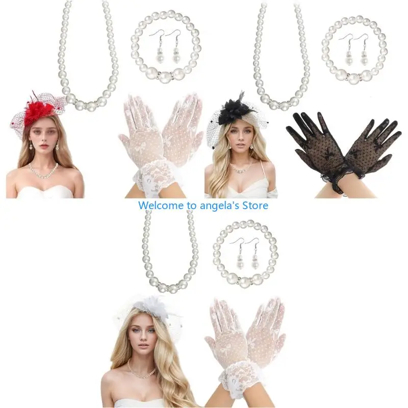 

X4YC 1920s Teas Party Fascinators Hat Headband Lace Gloves Necklace Bracelet Earrings 5Pcs Halloween Teas Party Accessories
